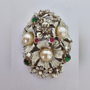 Vintage Florenza Flower Enamel Faux Pearl Rhinestone Jar Lid